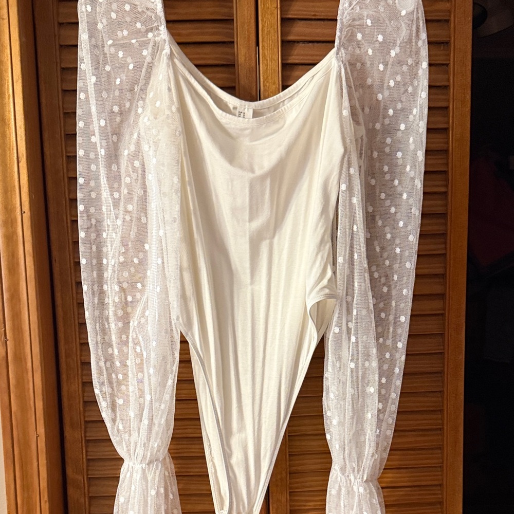 Amazon Cream Bodysuit with Sheer Polka Dot Sleeves
